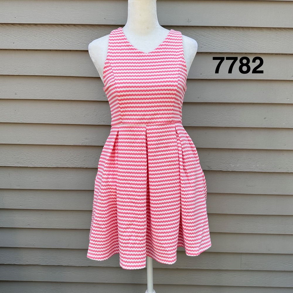 Ava & Yelly Girls Pink White Striped Textured Fit Flare Bow Back Dress Size 12